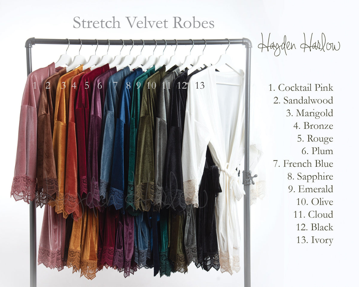 Lace Trim Stretch Velvet Robe: Kimono Style