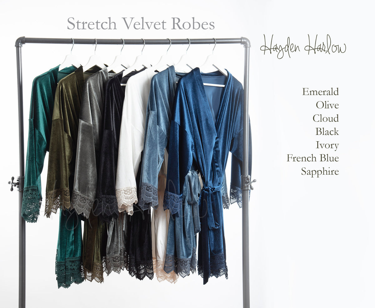 Lace Trim Stretch Velvet Robe: Kimono Style