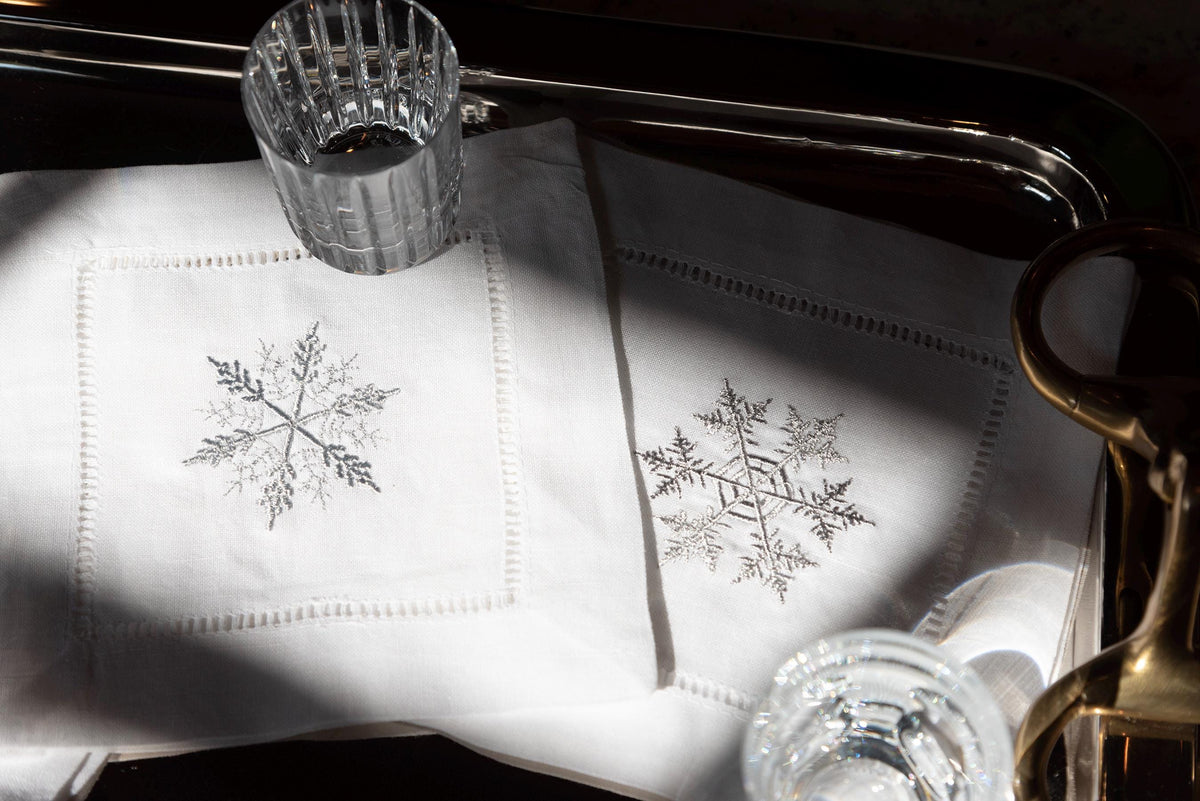 Snowflake Embroidered Linen Cocktail Napkins