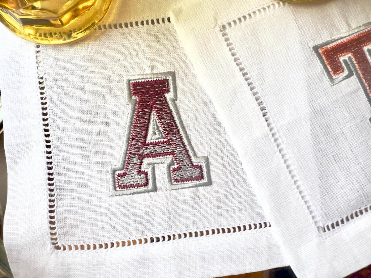 Varsity Letter Embroidered Linen Cocktail Napkins
