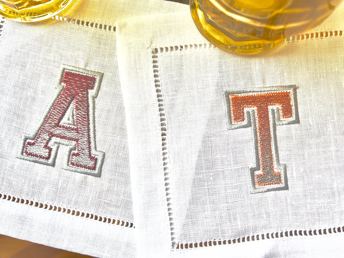 Varsity Letter Embroidered Linen Cocktail Napkins