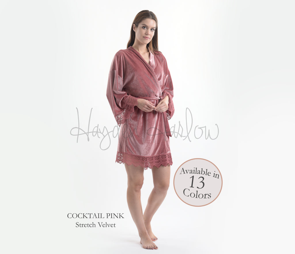 Cocktail Pink Stretch Velvet & Lace robe - Hayden Harlow