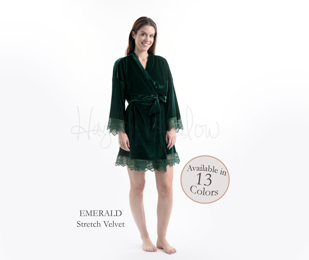 Emerald Green Stretch Velvet & Lace robe - Hayden Harlow