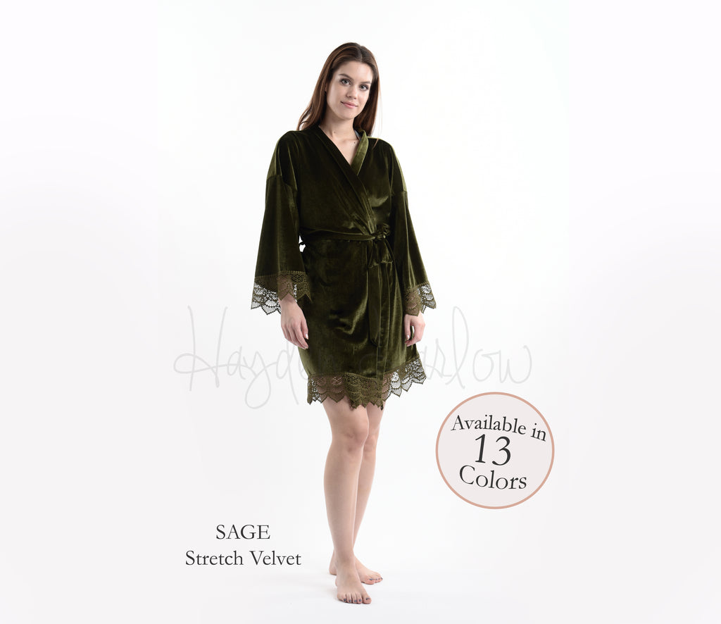 Sage Green Stretch Velvet & Lace robe - Hayden Harlow