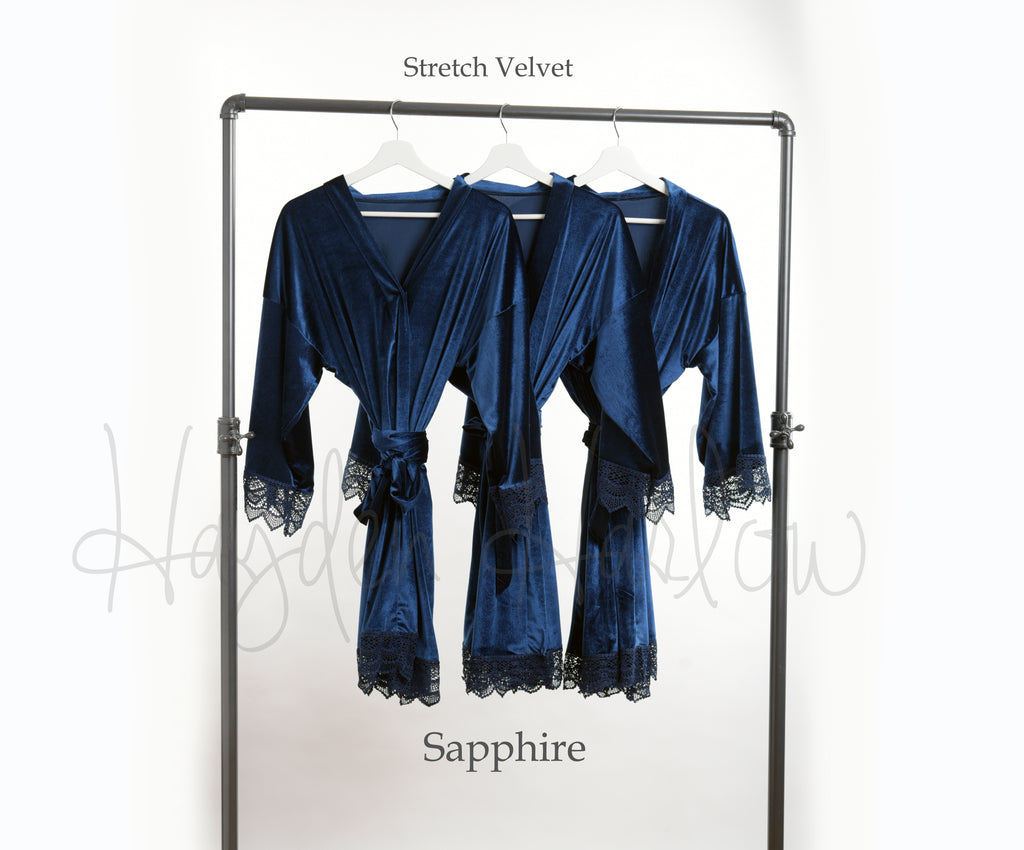 Sapphire Blue Stretch Velvet & Lace robe - Hayden Harlow