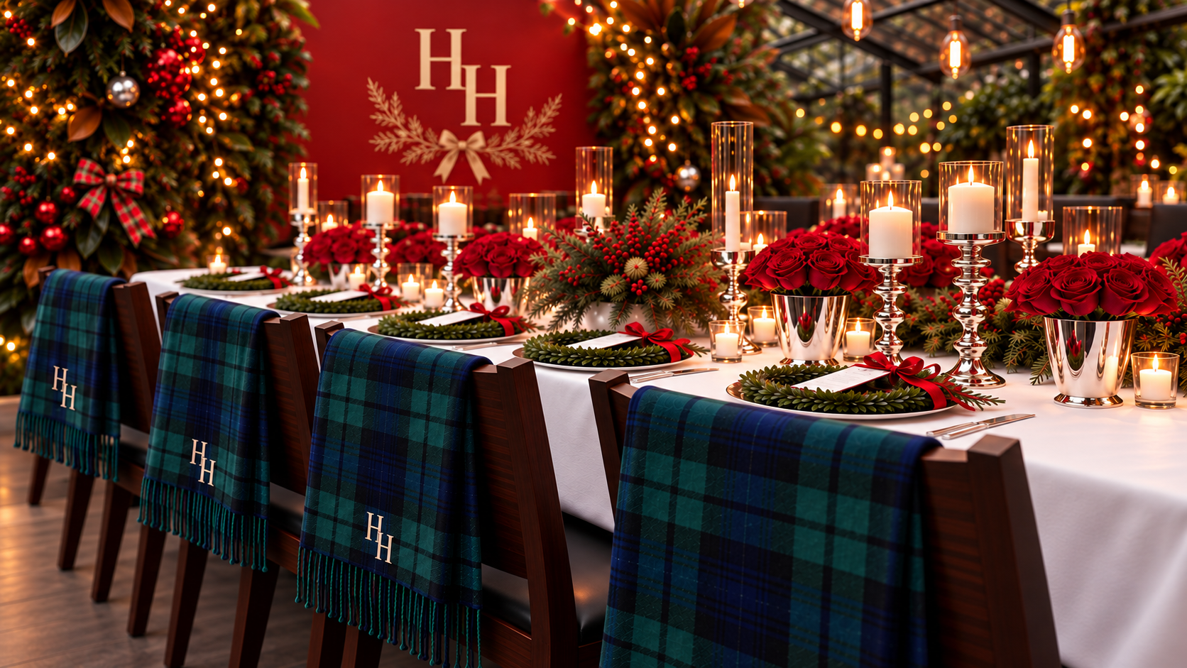 Holiday table with monogrammed tartan shawls