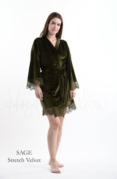 Olive Green Velvet Lace Kimono Robe: Bridal