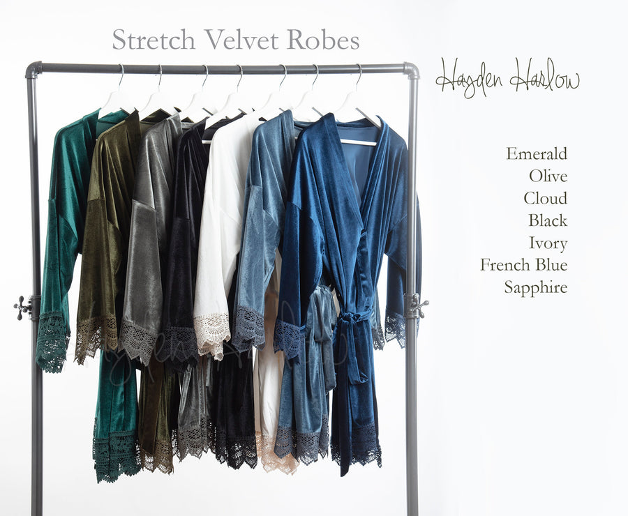 Lace Trim Stretch Velvet Robe: Kimono Style