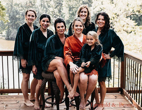 Lace Trim Velvet Robe: Customizable Bridesmaid Kimono