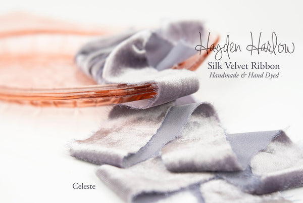 Handmade Silk Velvet Ribbon:  CELESTE Grey Blue Lavender