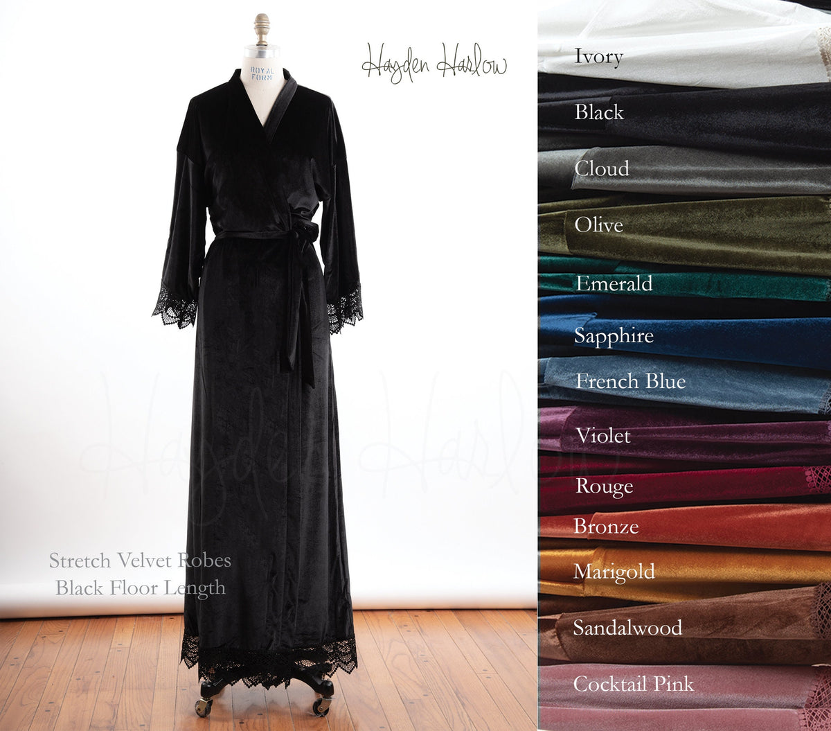 Embroidered Velvet Kimono Robe with Lace Trim