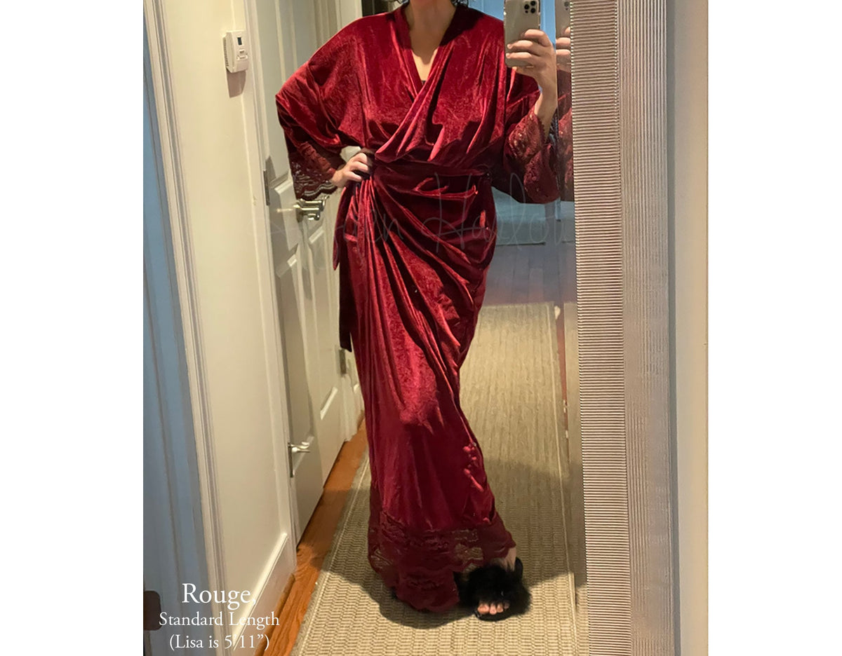 Embroidered Velvet Kimono Robe with Lace Trim
