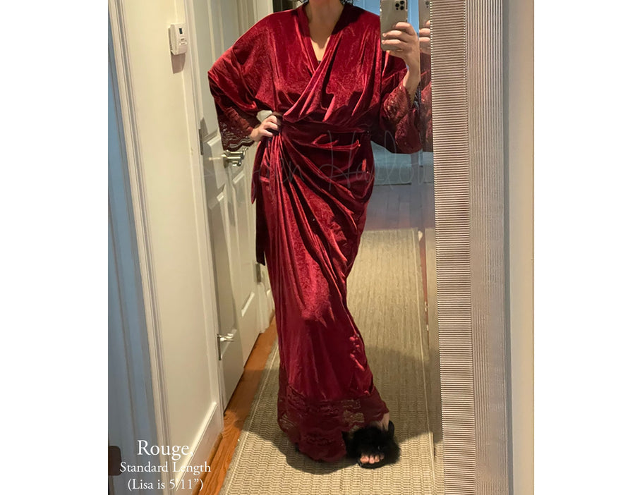 Embroidered Velvet Kimono Robe with Lace Trim