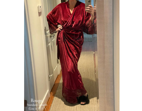 Embroidered Velvet Kimono Robe with Lace Trim