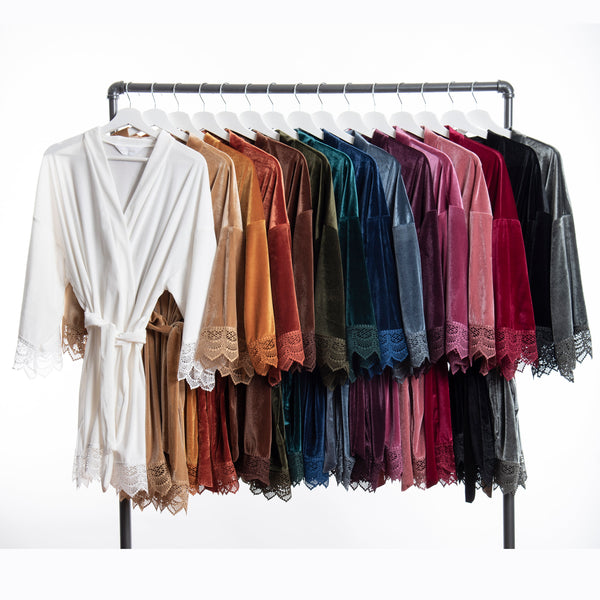 Lace Trim Velvet Robe, Stretch Kimono