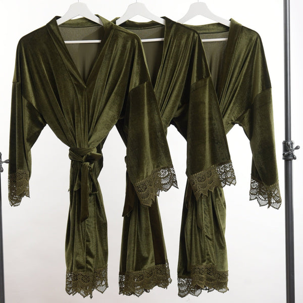 Olive Green Velvet Lace Kimono Robe: Bridal