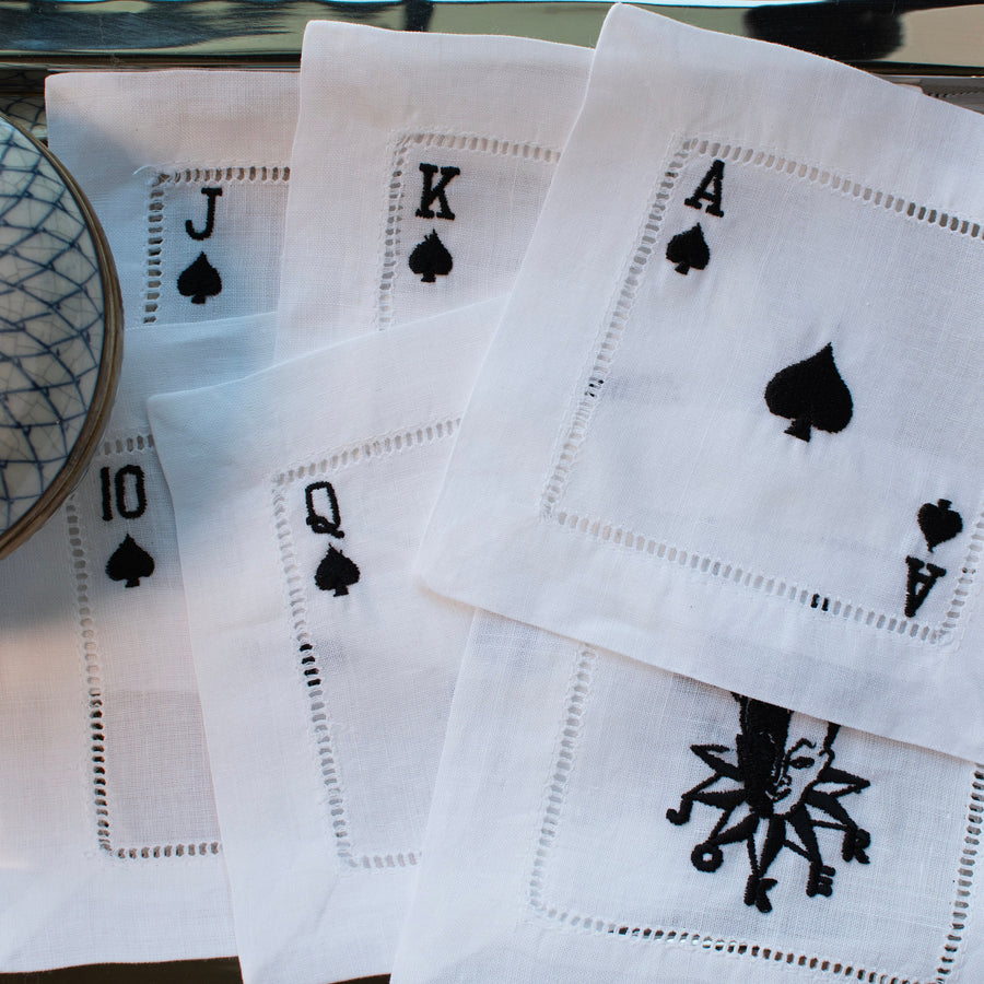 Playing Card Embroidered Linen Cocktail Napkins
