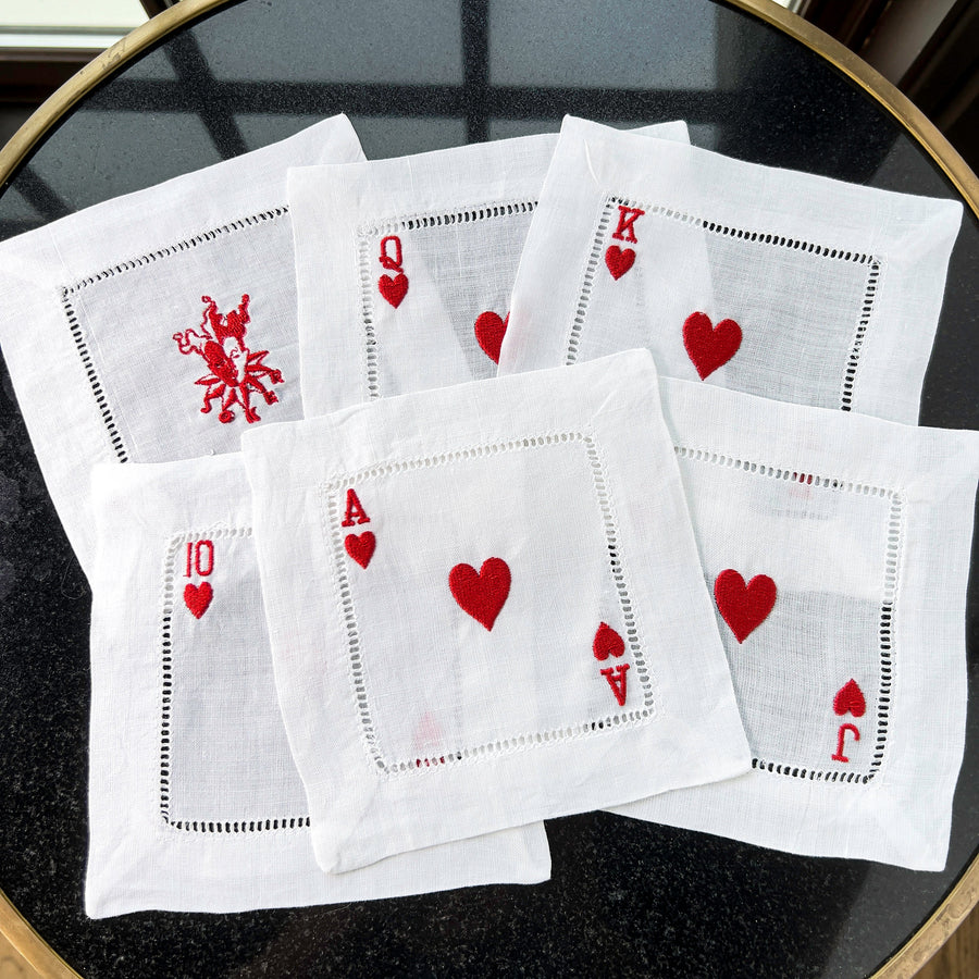 Playing Card Embroidered Linen Cocktail Napkins