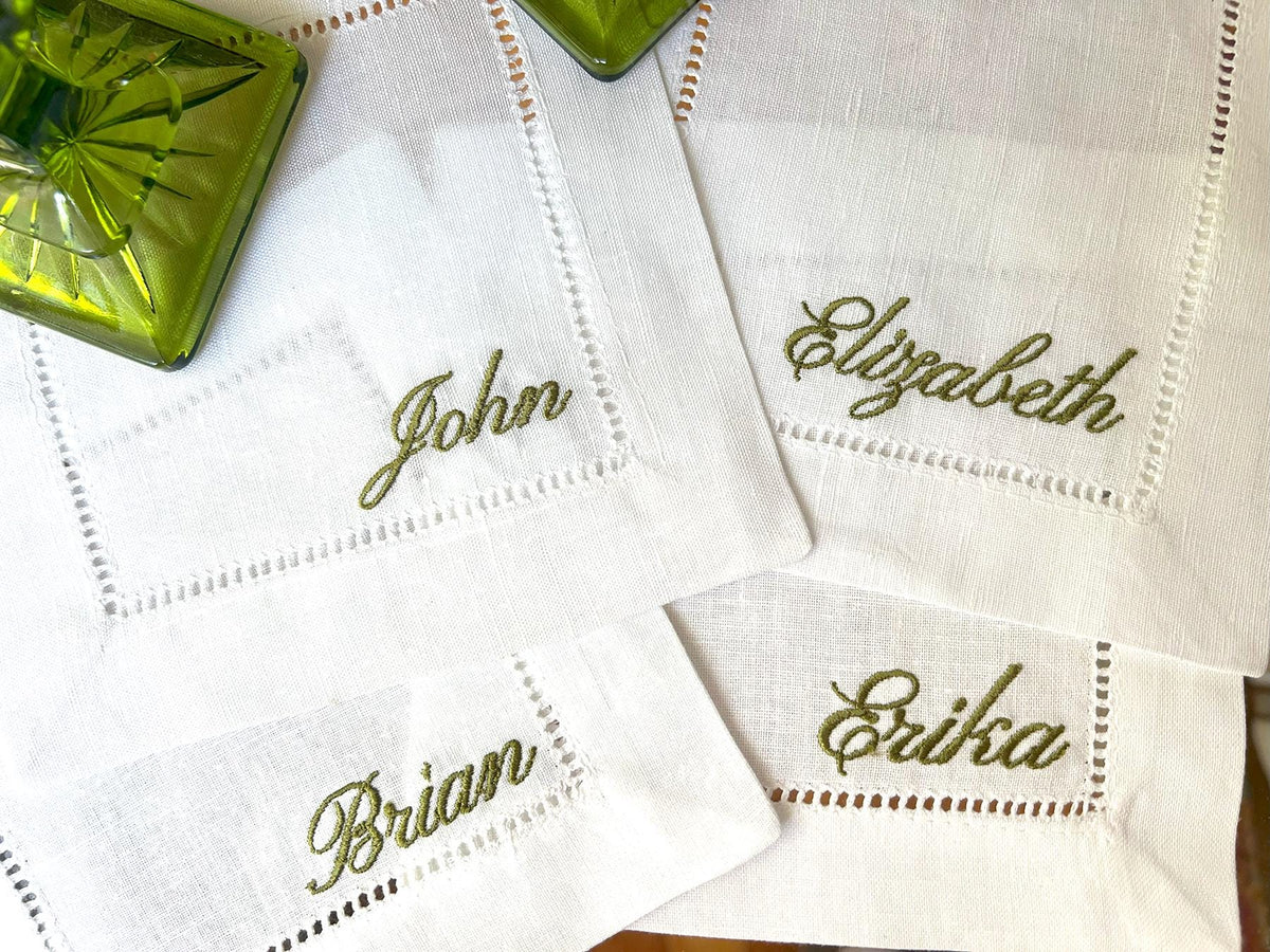 French Script Embroidered Linen Napkins