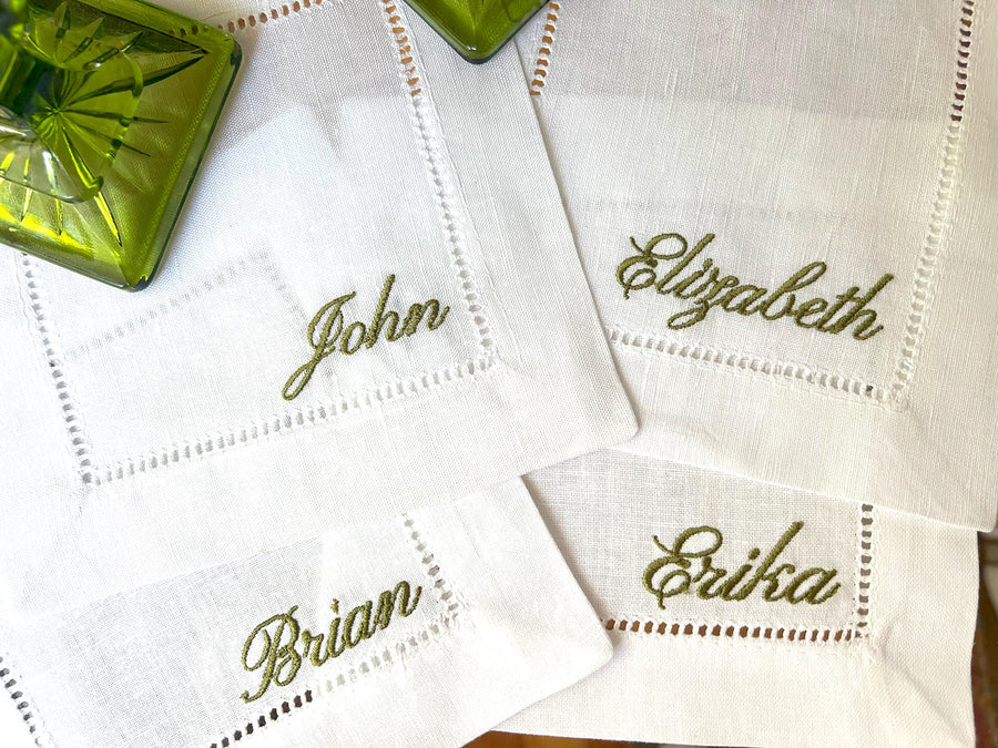 French Script Embroidered Linen Napkins