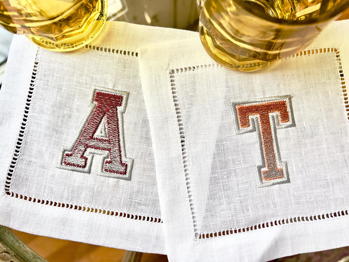 Varsity Letter Embroidered Linen Cocktail Napkins