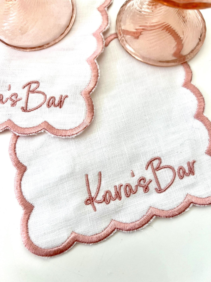Scalloped Personalized Linen Cocktail Napkins