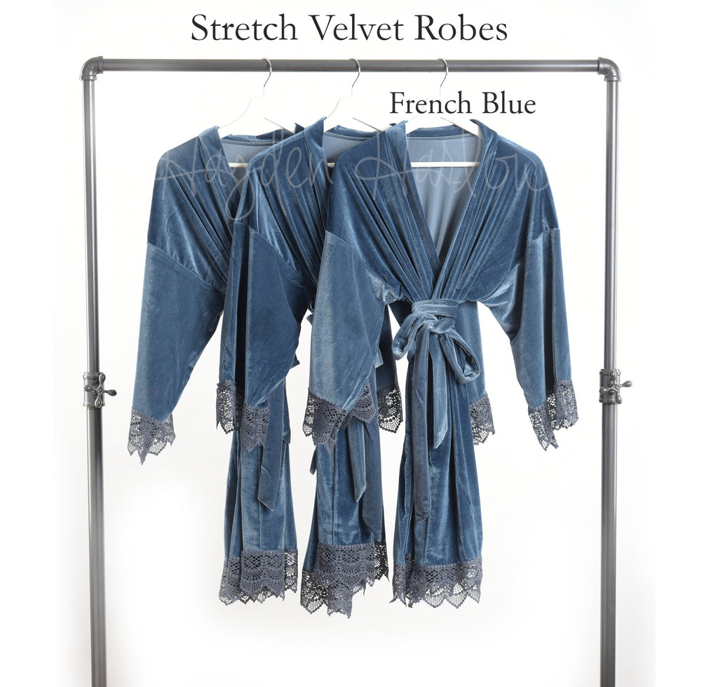 French Blue Stretch Velvet & Lace robe - Hayden Harlow