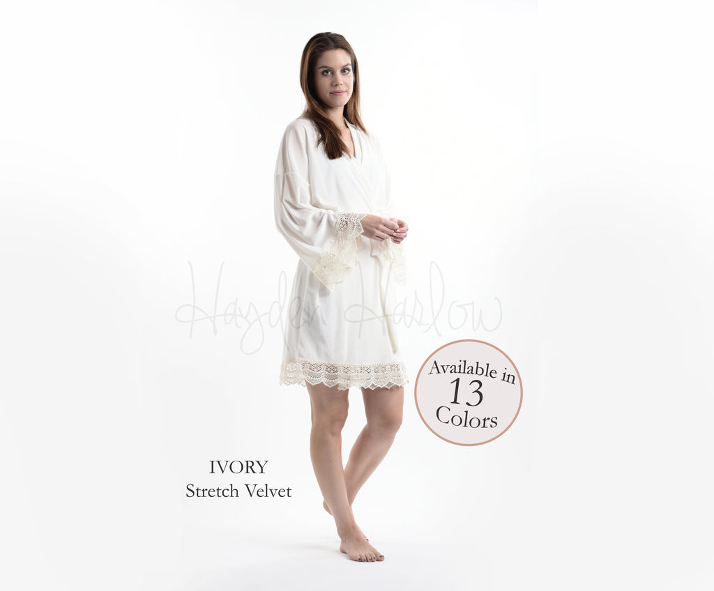 Ivory Stretch Velvet & Lace robe - Hayden Harlow