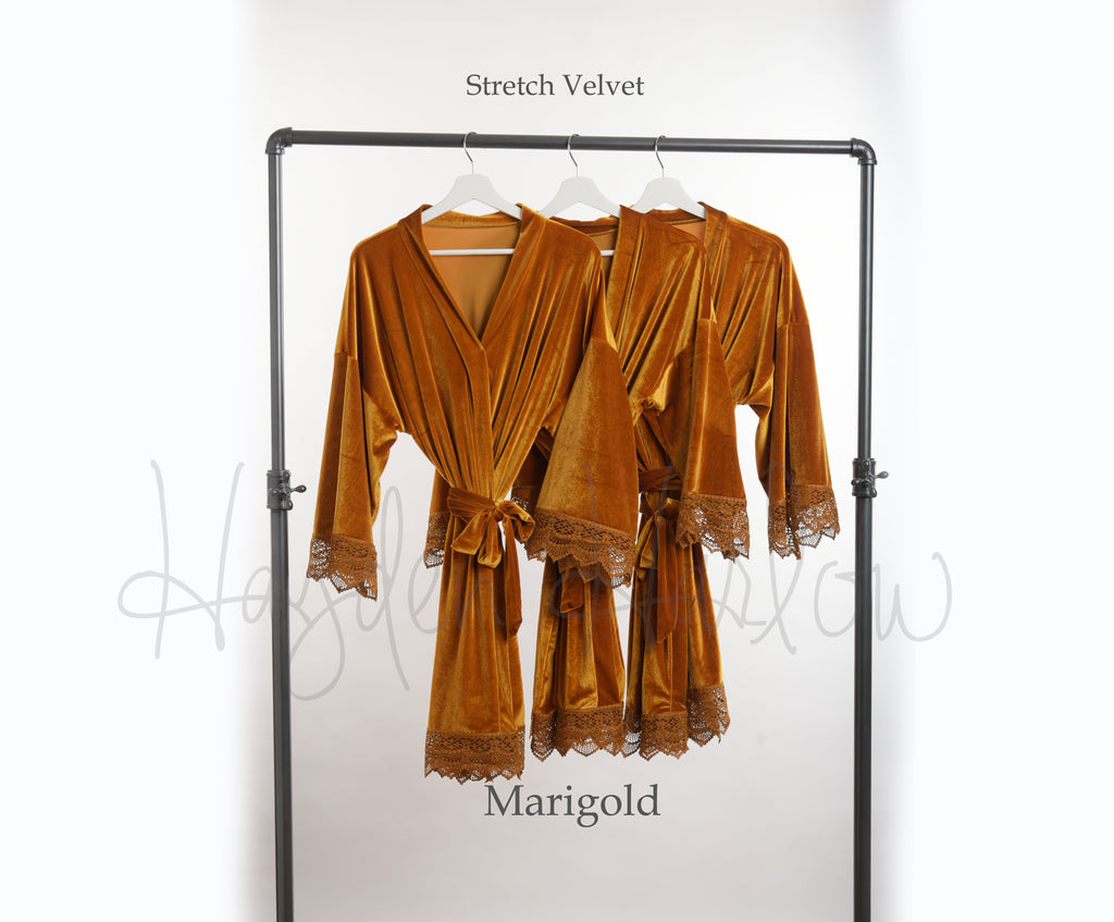 Marigold Stretch Velvet & Lace Robe XXL / Front & Back Marigold Stretch Velvet & Lace Robe XXL / Front & Back